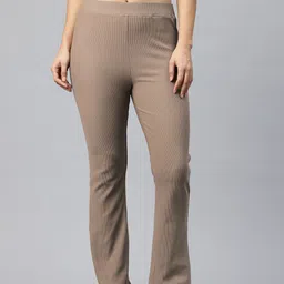 Popnetic Women Ribbed Flared High-Rise Trousers-image-56