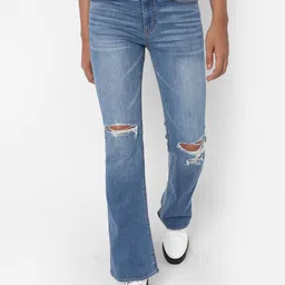 AMERICAN EAGLE OUTFITTERS Women Blue Flared Mid-Rise Slash Knee Jeans-image-28