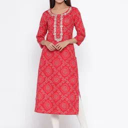 Silai Bunai Women Red & White Bandhani Print Straight Kurta with Gotta Patti Detail-picture-37