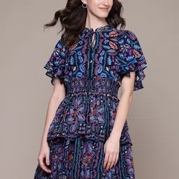 Label Ritu Kumar Ethnic Motifs Print Tie-Up Neck Flutter Sleeves Layered Georgette Dress image 1