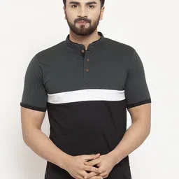 Kalt Men Black & Grey Colourblocked Mandarin Collar T-shirt-picture-32