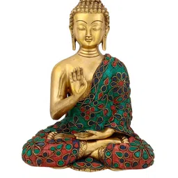 CraftVatika Gold-Toned & Green God Gautam Buddha Blessing Position Brass Statue Showpiece-picture-15