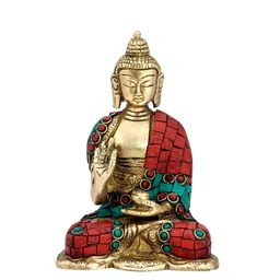CraftVatika Gold-Toned & Red Blessing Lord Buddha Brass Statue Showpiece-picture-38