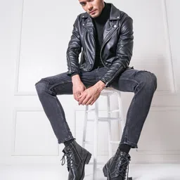 THOMAS CRICK Men Textured Leather Biker Boots-image-49