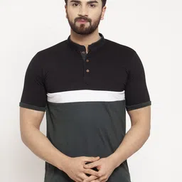 Kalt Men Black & Grey Colourblocked Mandarin Collar T-shirt-picture-22