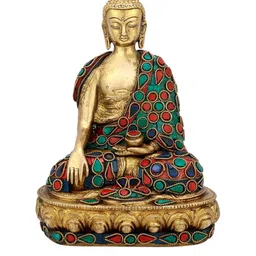 CraftVatika Gold-Toned & Green Earth Touching Tibet Buddha Brass Statue Showpiece-picture-11