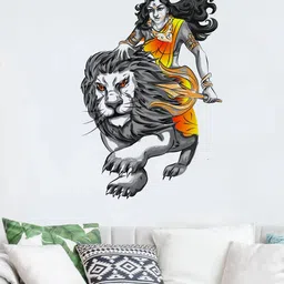 rawpockets Grey & Yellow Durga With Lion PVC Vinyl Wall Sticker-image-36