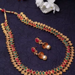 Shining Diva Gold-Plated & Green Antique Jewellery Set-image-82
