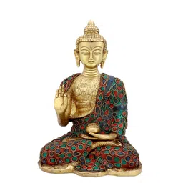 CraftVatika Gold-Toned & Green Blessing Buddha With Pose Sacred Kalash & Draped In Shawl Showpiece-picture-18