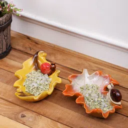 TAYHAA Unisex Set Of 2 Yellow & Orange Tray Ceramic Showpiece-image-83