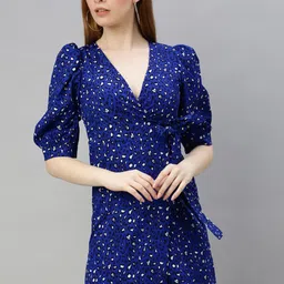 Sera Blue & White Animal Printed Wrap Dress-image-41