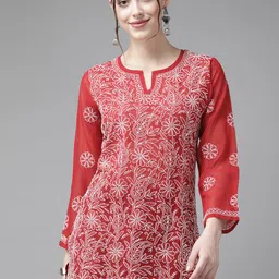ADA Red & White Ethnic Motifs Embroidered Chikankari Handloom Kurti-picture-7