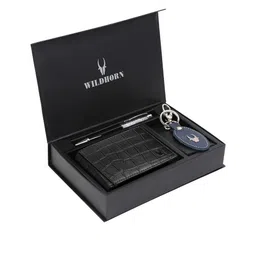 WildHorn Men Black & Blue RFID Protected Genuine Leather Wallet & Pen Accessory Gift Set-image-83
