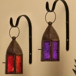 Homesake Set of 2 Antique Copper-Toned Moroccan Lantern Candle Holder With Wall Hook-image-37