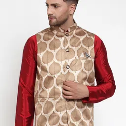 Jompers Men Beige & Brown Printed Regular Fit Nehru Jacket-picture-19