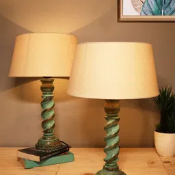 Homesake Beige & Sea Green Contemporary Handcrafted Bedside Standard Table Lamp-image-50