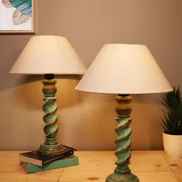Homesake White & Turquoise Blue Set Of 2 Handcrafted Bedside Standard Table Lamp-image-1