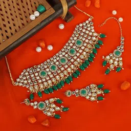 ANIKAS CREATION Gold-Plated White & Green Kundan & Artificial Stone Studded Beaded Jadau Jwellery Set-image-3