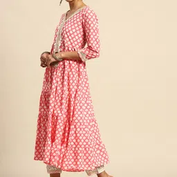 anayna Women Pink & White Ethnic Motifs Printed Pure Cotton Kurta with Trousers & Dupatta image 5