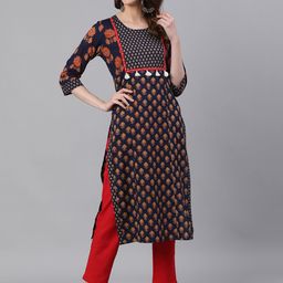 Jaipur Kurti Women Navy Blue & Red Printed Kurta with Trousers-picture-9