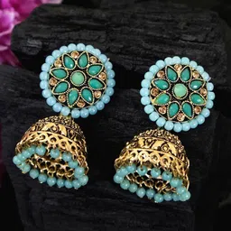 Crunchy Fashion Sea Green & Gold-Toned Contemporary Jhumkas-picture-41