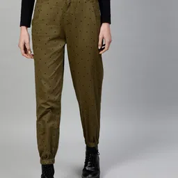 STREET 9 Women Olive Green & Black Regular Fit Printed Joggers-image-36