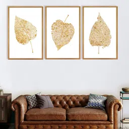 999Store Set Of 3 Gold-Toned & White Leaves Printed Wall Art-image-0
