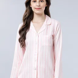 Tokyo Talkies Women Pink & White Striped Sleep Shirt-image-11