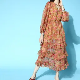 plusS Women Chic Brown Floral Volume Play Dress-picture-30