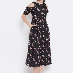 Belle Fille Women Black & Peach-Coloured Cold-Shoulder Printed Culotte Jumpsuit-picture-28