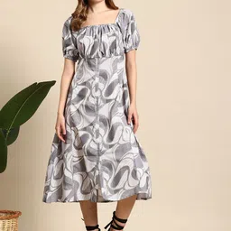 Mast & Harbour Printed Puff Sleeves A-Line Midi Dress-picture-37