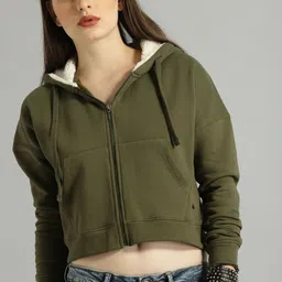 Roadster Women Olive Green Solid Hooded Sweatshirt-image-24