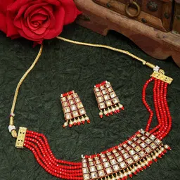 Moedbuille Kundan Pearls and Red Onyx Stones Studded Gold Plated Handcrafted Jewelry Set-picture-29