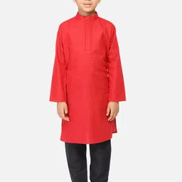 TABARD Boys Red & Black Solid Regular Straight Pure Cotton Kurta with Churidar-image-86