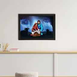 eCraftIndia Blue & Black Jesus Birth Scene Satin Matte Texture UV Wall Painting-image-94