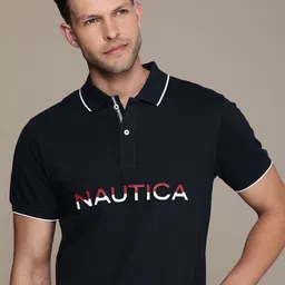 Nautica Brand Logo Printed With Embossed Effect Polo Collar Pure Cotton T-shirt-picture-30
