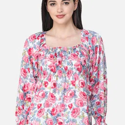 Cation Pink Floral Printed Puff Sleeves Crepe Top-picture-11