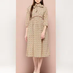ArtiZenWeaves Ethnic Motifs Print Tie-Up Neck Puff Sleeves A-Line Midi Dress-picture-24