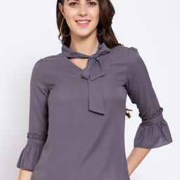 Style Quotient Grey Tie-Up Neck Flared Sleeves Crepe Regular Top-picture-30