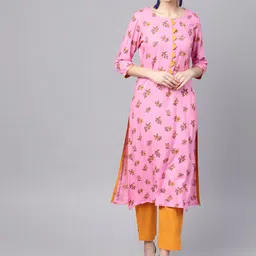 Idalia Women Pink & Mustard Yellow Printed Kurta with Trousers-image-49