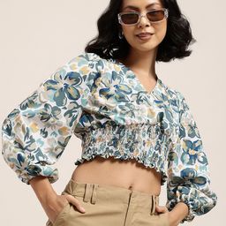 HERE&NOW Floral Print Smocked Crop Top-picture-13