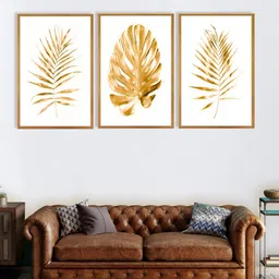 999Store Set Of 3 White & Gold-Toned Leaves Printed Wall Art-image-44