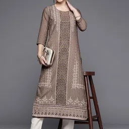 Biba Women Brown Cotton Linen Ethnic Motifs Print Kurta-image-37