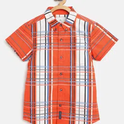 Cherry Crumble Boys Coral Orange & White Regular Fit Checked Casual Shirt-picture-28
