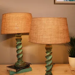 Homesake Beige & Sea Green Contemporary Handcrafted Bedside Standard Table Lamp-image-91