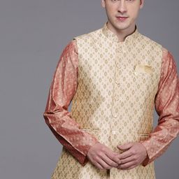 Manyavar Beige Art Silk Jacquard Woven Design Nehru Jacket-picture-36