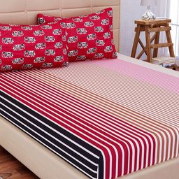SEJ by Nisha Gupta Red & Brown Flat 144 TC Cotton 1 Double Bedsheet with 2 Pillow Covers-picture-39