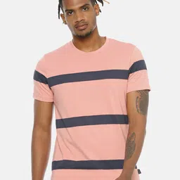 Campus Sutra Men Pink  Blue Striped Round Neck Pure Cotton T-shirt-picture-10