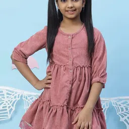 Biba Pink Solid Tiered Corduroy Dress with Lace Detailing-image-26