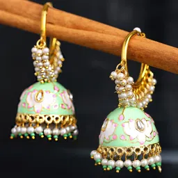 Yellow Chimes Green & White Dome Shaped Meenakari Jhumkas-picture-25